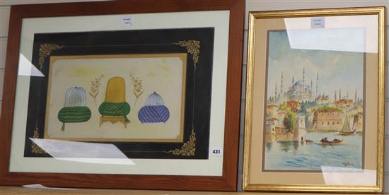 Middle Eastern School, watercolour, View of Istanbul, 39 x 27cm and a gilt decorated panel depicting turbans,